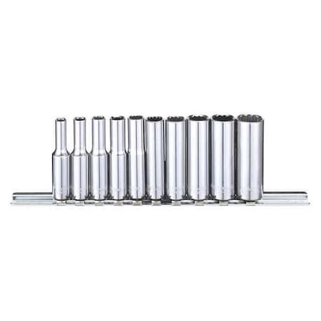 Westward 1/4" Drive Socket Set, SAE, 10 Pieces, 5/32 to 1/2 in, Chrome, 12-Point 53PN28