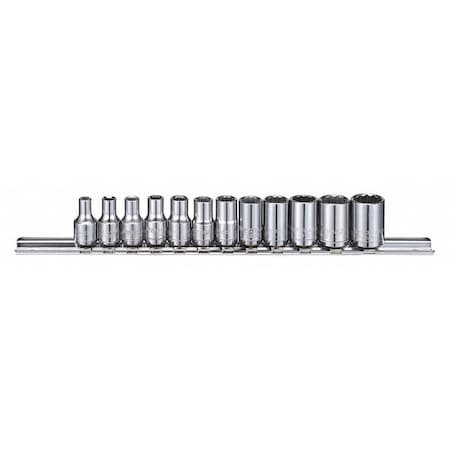 Westward 1/4" Drive Socket Set, Metric, 12pcs, Socket Set, Chrome, 12-Point, Chrome 53PN31