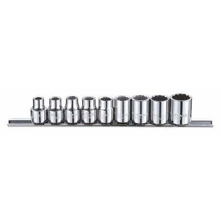 Westward 3/8" Drive Socket Set SAE 9 Pieces 1/4 in to 5/8 in , Chrome, Skt St, Chrm, 1/4-5/8 in, 6Pt 53PN41