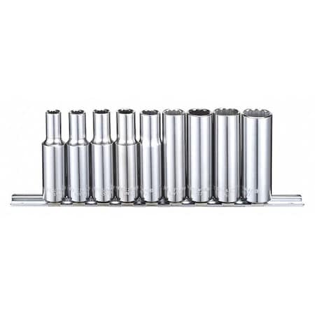 Westward 3/8" Drive Socket Set, SAE, 9 Pieces, 1/4 to 5/8 in, Chrome, 12-Point 53PN43