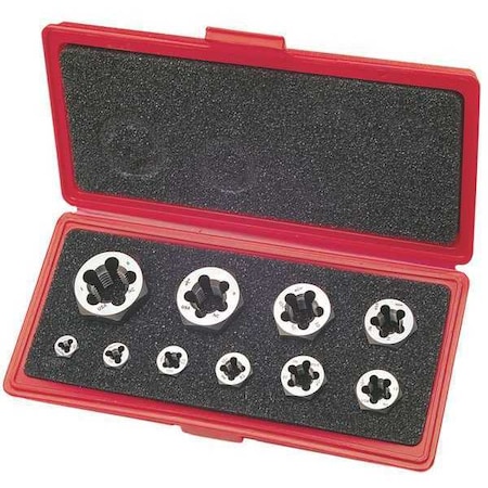 Chicago-Latrobe 10pc Carbon Steel Hexagon Rethreading Die Set 377 Greenfield Threading, 1/4-20 to 1-8 UNC 403520