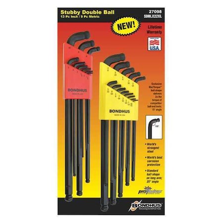 Bondhus 22 Piece Metric/SAE L-Shape Hex Key Set, 27098 27098