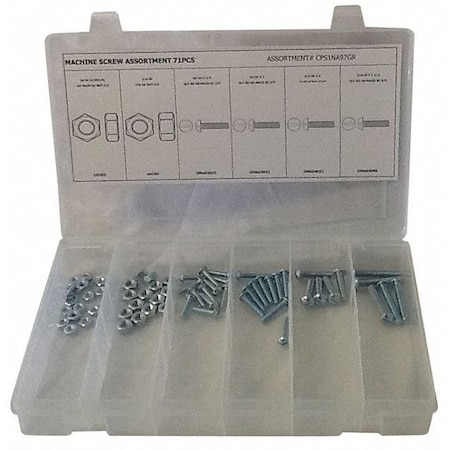 Zoro Select #10-24 to 1/4"-20 x Slotted Round Machine Screw Assortment, Zinc Plated Finish, Steel CPS1NA97GR