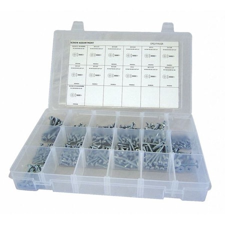 Zoro Select Tapping Screw Assortment, No 6 to No 10 x Zinc Plated Finish, Steel, Flat; Pan Head Phillips Drive CPS1YY41GR
