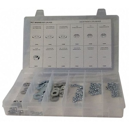 Zoro Select Nut and Washer Assortment, 7 Sizes CPS1NB14GR