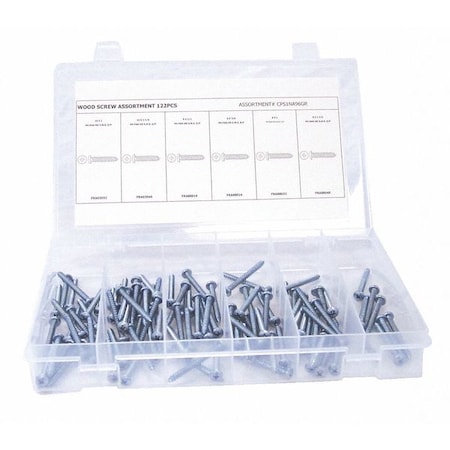 Zoro Select Wood Screw Assortment, #6 to #8, Zinc Plated Finish, Steel, Flat Head Phillips Drive CPS1NA96GR