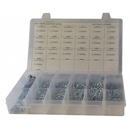 Zoro Select Tapping Screw Assortment, #6 to 1/4" x Zinc Plated Finish, Steel, Pan Head Phillips, Slotted Drive CPS2NE68GR