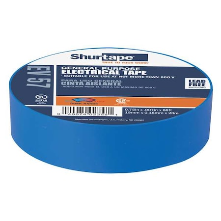 Shurtape Electrical Tape, Blue, 22 yd L, 3/4 in W 200786