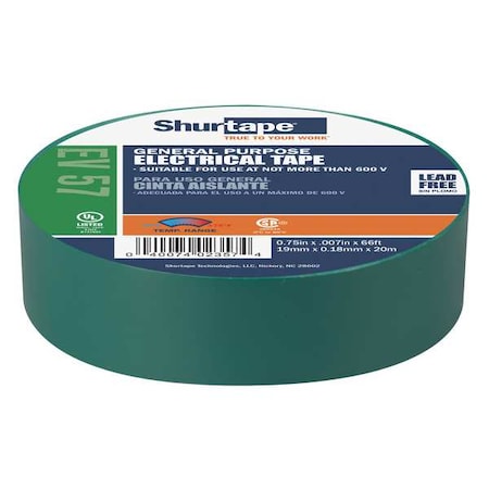 Shurtape Electrical Tape, Green, 22 yd L, 3/4 in W 200785
