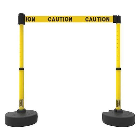 Banner Stakes Barrier Post with Belt, Yellow, 15 ft Length, 22 in to 42 in Adjustable Post Height, Caution PL4282