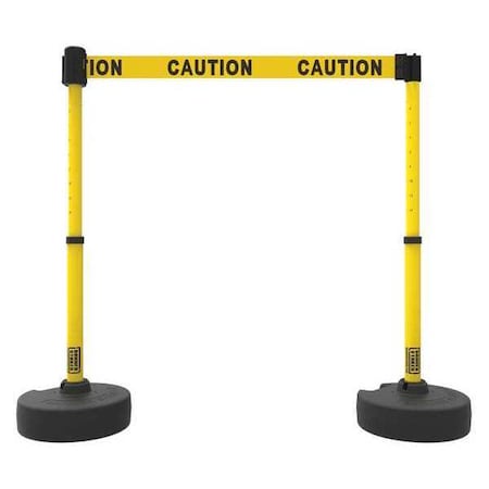 Banner Stakes Belt Barrier System, Yellow, 15 ft Length, 22 in to 42 in Adjustable Post Height, Caution PL4283
