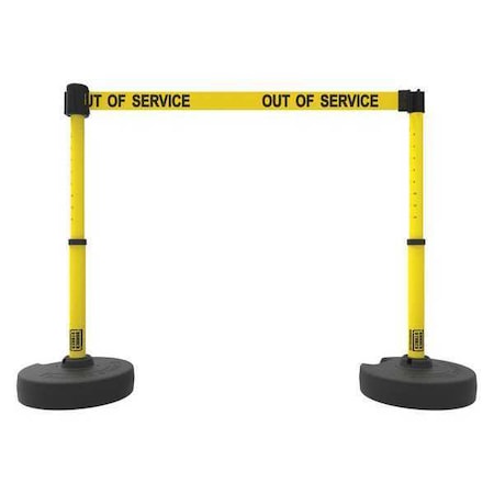 Banner Stakes Barrier Post with Belt, Yellow, 15 ft Length, 22 in to 42 in Adjustable Post Height, Out of Service PL4289
