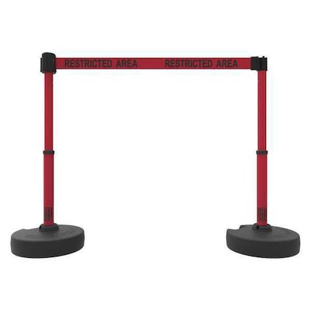 Banner Stakes Barrier Post with Belt, Red, 15 ft Length, 22 in to 42 in Adjustable Post Height, Restricted Area PL4293