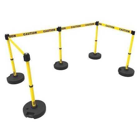 Banner Stakes Barrier Post with Belt, Yellow, 15 ft Length, 22 in to 42 in Adjustable Post Height, Caution PL4583