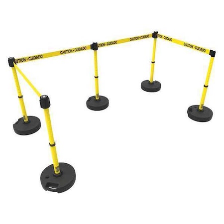 Banner Stakes Barrier Post with Belt, Yellow, 15 ft Length, 22 in to 42 in Adjustable Post Height PL4584