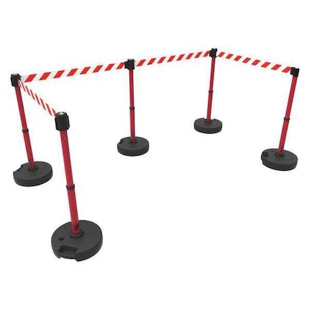 Banner Stakes Barrier Post with Belt, Red with White Stripes, 15 ft Length, 22 in to 42 in Adjustable Post Height PL4598