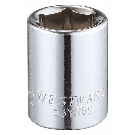 Westward WESTWARD 3/8 in Drive, 1/2" Hex SAE Socket, 6 Points, Steel, Chrome, 1/2 in 53YR69