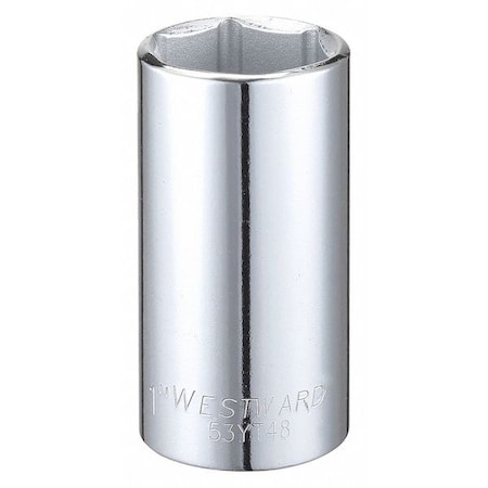 Westward WESTWARD 3/8 in Drive, 1" Hex SAE Socket, 6 Points, Steel, Chrome, 1 in 53YT48
