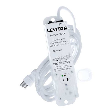 Leviton Outlet Strip, Medical Grade, 2 5-20R, 5-20P, 15 ft., White 5302M-2N5