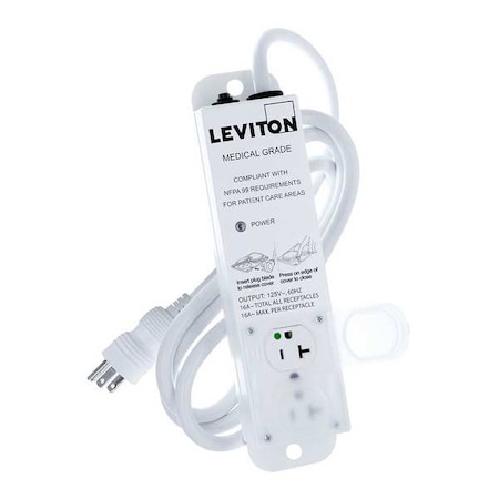 Leviton Outlet Strip, Medical Grade, 2 5-20R, 5-20P, 7 ft., White 5302M-2N7