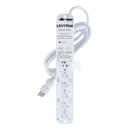 Leviton Outlet Strip, Medical Grade, 6 5-20R, 5-20P, 7 ft., White 5306M-2N7