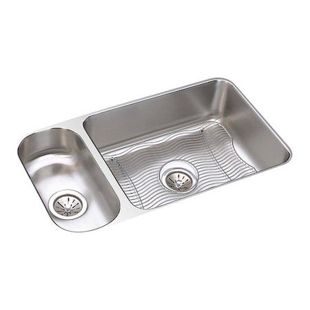 Elkay Sink, Undermount Mount, 0 Hole, Left Bowl 7.5" x 15.75", Right Bowl 21" x 15.75", Lustrous Satin ELUH3219DBG