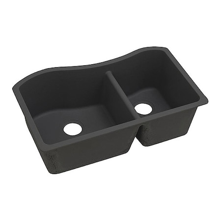 Elkay Sink, Undermount Mount, 0 Hole, Left Bowl 17.577" x 17.752", Right Bowl 11.494" x 16.787", Black ELGHU3220RBK0