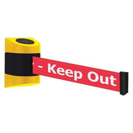 Tensabarrier Barrier Post with Belt, Yellow, 15 ft Length, 5-1/2" Post Height, Danger Keep Out, Unfinished 897-15-S-35-NO-RHX-C