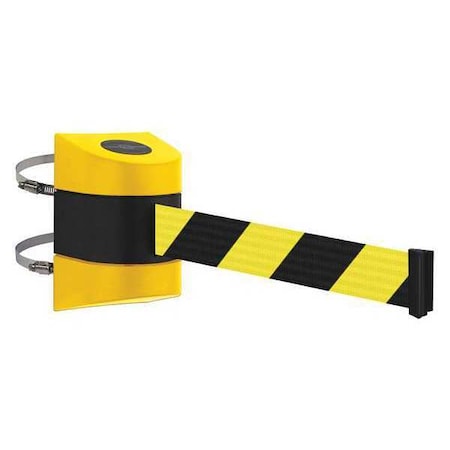 Tensabarrier Barrier Post with Belt, Yellow, 24 ft Length, 7-1/2" Post Height, No Legend, Unfinished 897-24-C-35-NO-D4X-C
