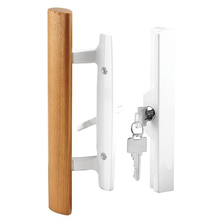 PRIMELINE TOOLS Patio Door Handle Set, 3-15/16 In., Diecast, Wood Pull, White, Mortise, Keyed (Single Pack) C 1316