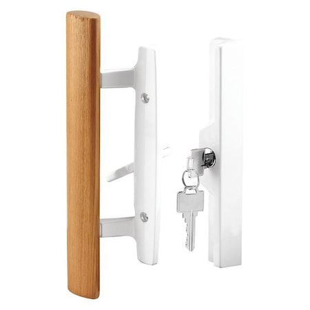 Primeline Tools Patio Door Handle Set, 3-15/16 In., Diecast, Wood Pull, White, Mortise, Keyed (Single Pack) C 1316