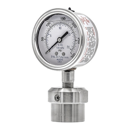 Pic Gauges Pressure Gauge with Diaphragm Seal, 0 to 300 psi, 2 1/2 in Dial, 1/4 in NPT, Bottom Location 301L254H/0JJJ200