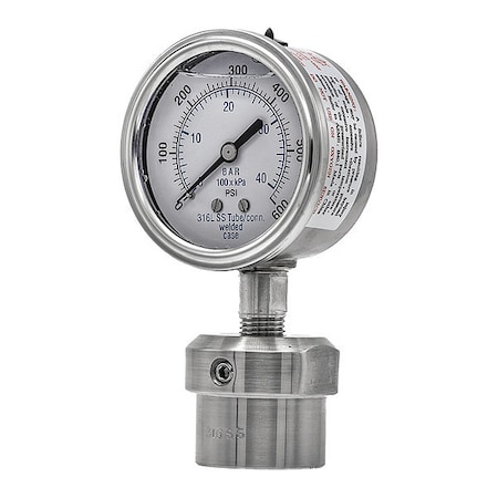 Pic Gauges Pressure Gauge with Diaphragm Seal, 0 to 600 psi, 2 1/2 in Dial, 1/4 in NPT, Bottom Location 301L254K/0JJJ200