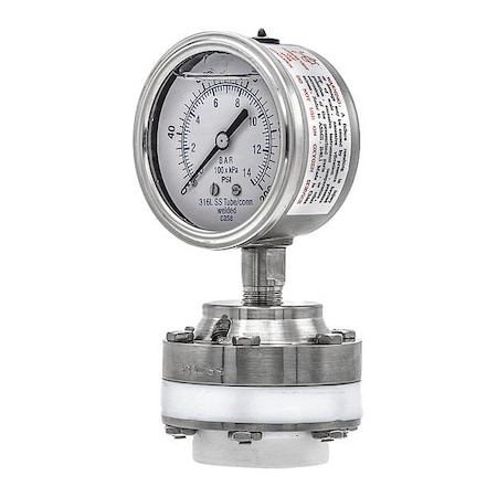 Pic Gauges Pressure Gauge with Diaphragm Seal, 0 to 200 psi, 2 1/2 in Dial, 1/4 in NPT, Bottom Location 301L254G/1JTT100