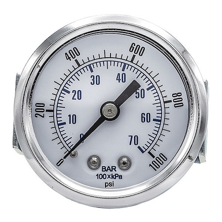 Pic Gauges Industrial Pressure Gauge, 0 to 1,000 psi, 2 in Dial, 1/8 in NPT, Center Back Location 103D-208M