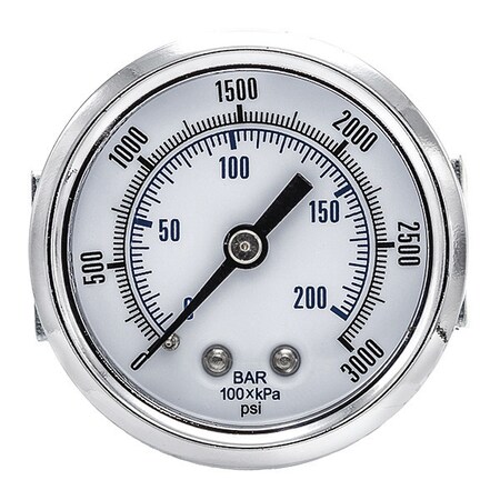 Pic Gauges Industrial Pressure Gauge, 0 to 3,000 psi, 2 in Dial, 1/8 in NPT, Center Back Location 103D-208P