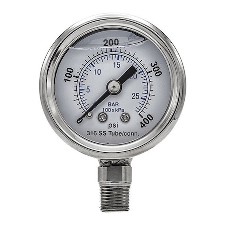 Pic Gauges Industrial Pressure Gauge, 0 to 400 psi, 1 1/2 in Dial, 1/8 in NPT, Bottom Location PRO-301L-158I-01