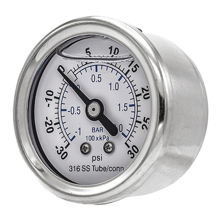 Pic Gauges Industrial Compound Gauge, 30 to 0 to 30 psi, 1 1/2 in Dial, 1/8 in NPT, Center Back Location PRO-302L-158CC-01