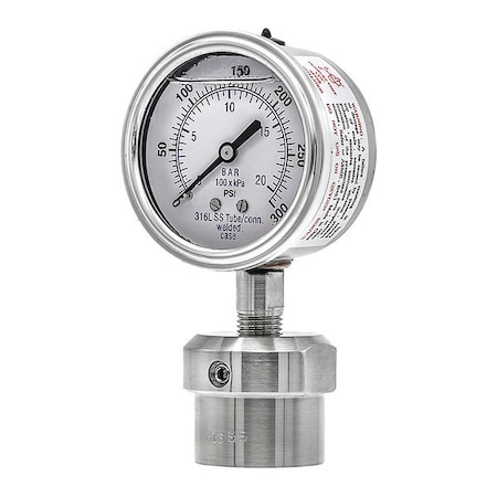 Pic Gauges Pressure Gauge with Diaphragm Seal, 0 to 300 psi, 2 1/2 in Dial, 1/4 in NPT, Bottom Location 301L254H/0JJJ100