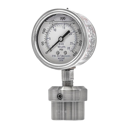 Pic Gauges Pressure Gauge with Diaphragm Seal, 0 to 400 psi, 2 1/2 in Dial, 1/4 in NPT, Bottom Location 301L254I/0JJJ100