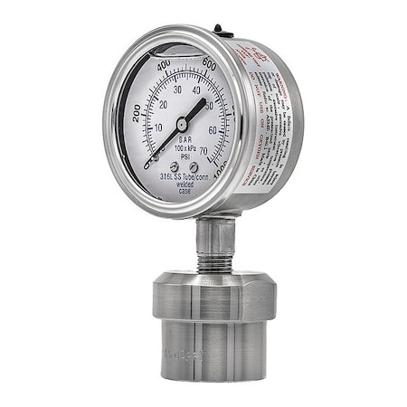 Pic Gauges Pressure Gauge with Diaphragm Seal, 0 to 1,000 psi, 2 1/2 in Dial, 1/4 in NPT, Bottom Location 301L254M/0JJJ100