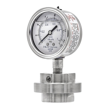 Pic Gauges Pressure Gauge with Diaphragm Seal, 0 to 15 psi, 2 1/2 in Dial, 1/2 in NPT, Bottom Location 301L254B/3JJJ200