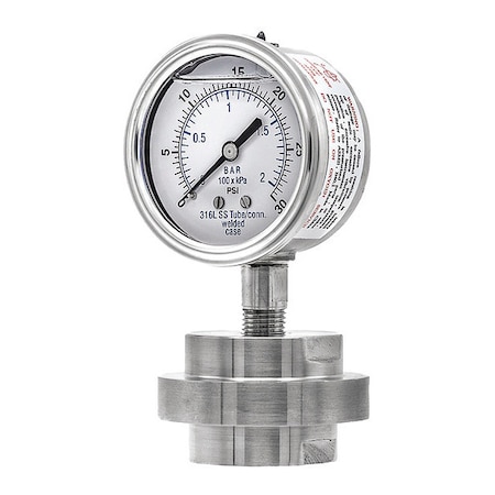 Pic Gauges Pressure Gauge with Diaphragm Seal, 0 to 30 psi, 2 1/2 in Dial, 1/4 in NPT, Bottom Location 301L254C/3JJJ200