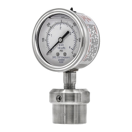 Pic Gauges Pressure Gauge with Diaphragm Seal, 0 to 60 psi, 2 1/2 in Dial, 1/4 in NPT, Bottom Location 301L254D/0JJJ200