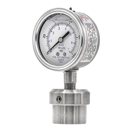 Pic Gauges Pressure Gauge with Diaphragm Seal, 0 to 100 psi, 2 1/2 in Dial, 1/4 in NPT, Bottom Location 301L254E/0JJJ200