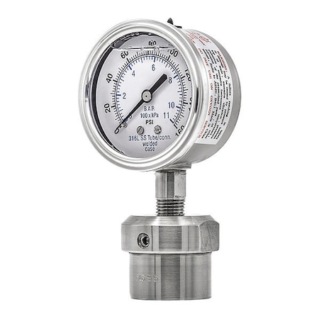 Pic Gauges Pressure Gauge with Diaphragm Seal, 0 to 160 psi, 2 1/2 in Dial, 1/4 in NPT, Bottom Location 301L254F/0JJJ200