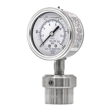 Pic Gauges Pressure Gauge with Diaphragm Seal, 0 to 200 psi, 2 1/2 in Dial, 1/4 in NPT, Bottom Location 301L254G/0JJJ200