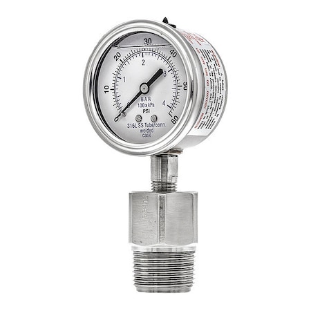 Pic Gauges Vacuum Gauge with Diaphragm Seal, 0 to 60 psi, 2 1/2 in Dial, 1/4 in NPT, Bottom Location 301L254D/5JJJA00