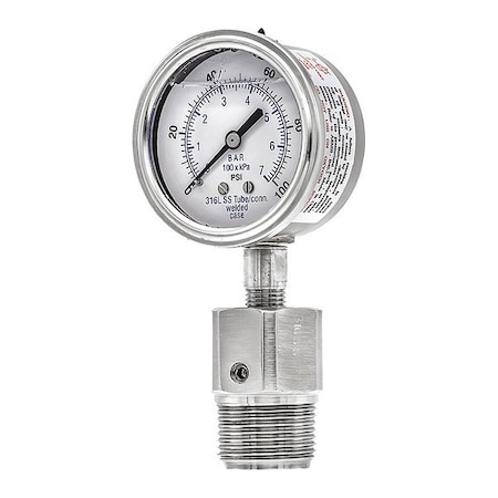 Pic Gauges Pressure Gauge with Diaphragm Seal, 0 to 100 psi, 2 1/2 in Dial, 1/4 in NPT, Bottom Location 301L254E/5JJJA00