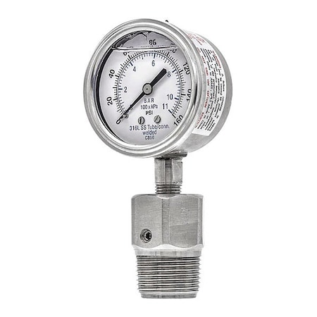 Pic Gauges Pressure Gauge with Diaphragm Seal, 0 to 160 psi, 2 1/2 in Dial, 1 in NPT, Bottom Location 301L254F/5JJJA00